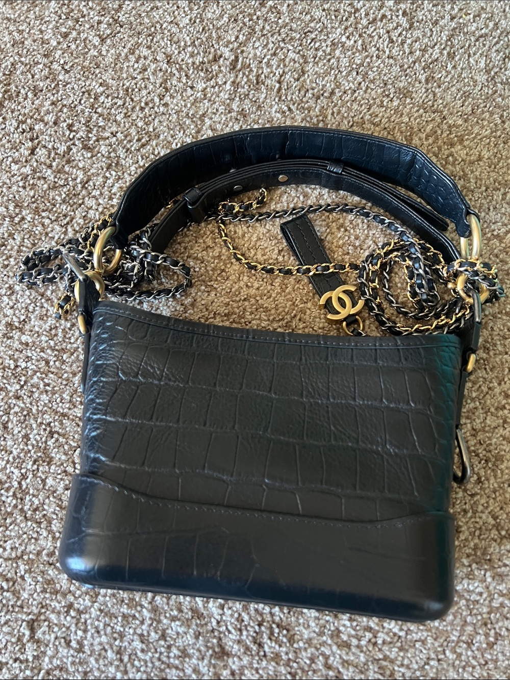 Black Croc-Embossed Leather Chain Shoulder Bag - gabrielle bag